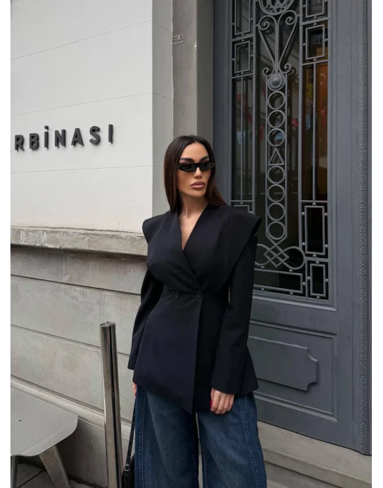 Kadın Pencere Detaylı Uzun Kollu Şık Siyah Blazer Ceket