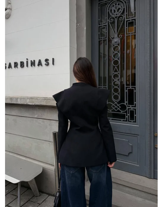 Kadın Pencere Detaylı Uzun Kollu Şık Siyah Blazer Ceket