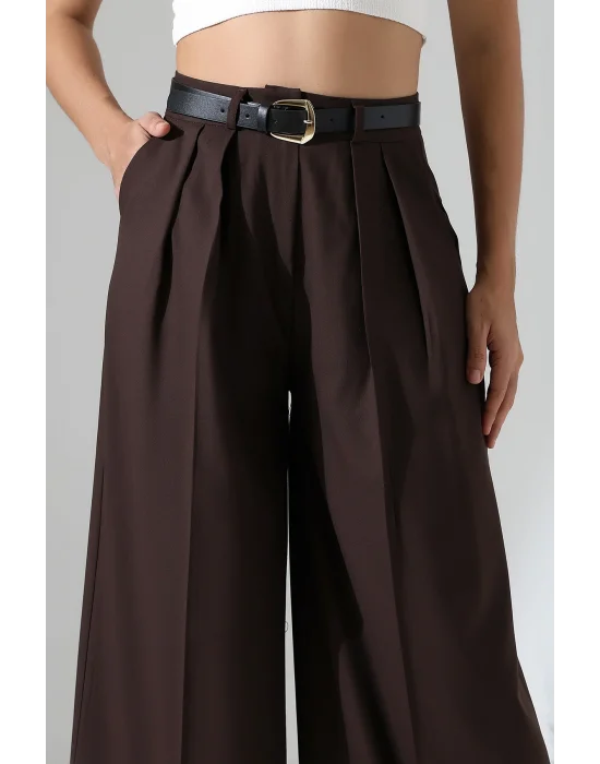 Kadın Pileli Kemerli Kahve Palazzo Pantolon