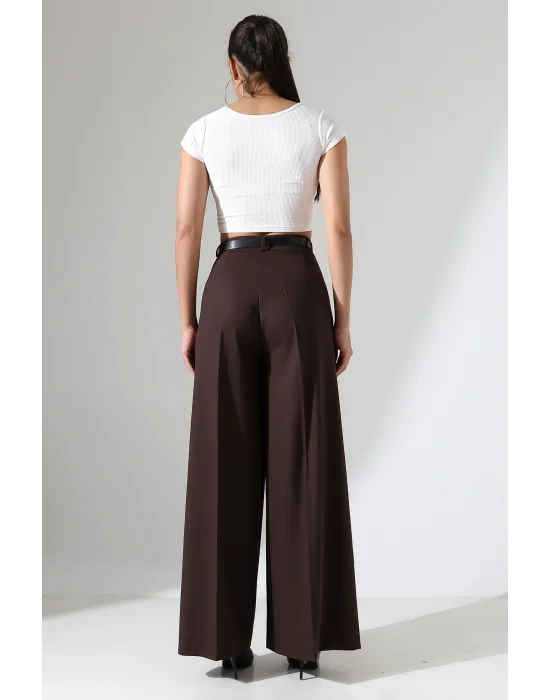 Kadın Pileli Kemerli Kahve Palazzo Pantolon