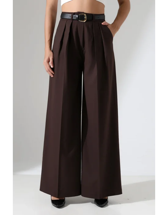Kadın Pileli Kemerli Kahve Palazzo Pantolon