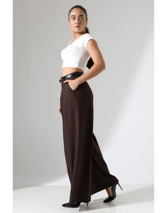 Kadın Pileli Kemerli Kahve Palazzo Pantolon