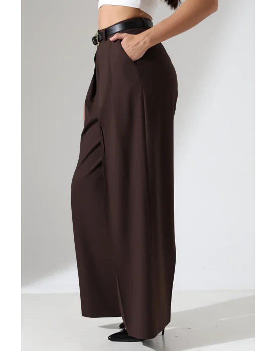 Kadın Pileli Kemerli Kahve Palazzo Pantolon