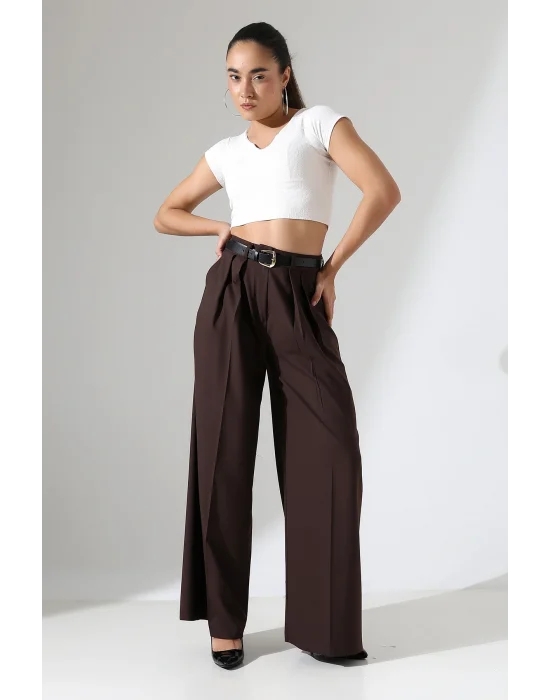 Kadın Pileli Kemerli Kahve Palazzo Pantolon