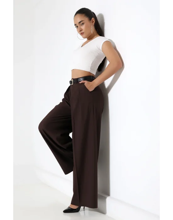 Kadın Pileli Kemerli Kahve Palazzo Pantolon