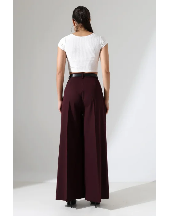 Kadın Pileli Kemerli Mürdüm Palazzo Pantolon