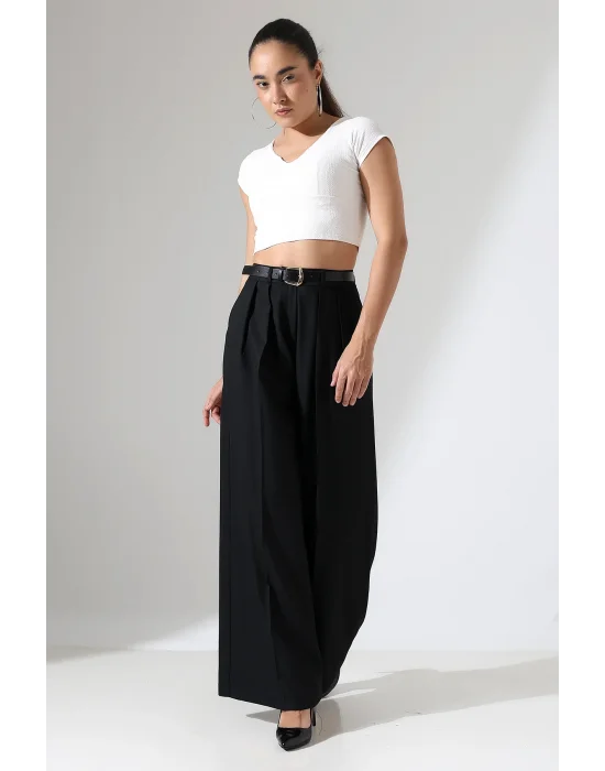 Kadın Pileli Kemerli Siyah Palazzo Pantolon