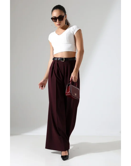 Kadın Pileli Kemerli Mürdüm Palazzo Pantolon
