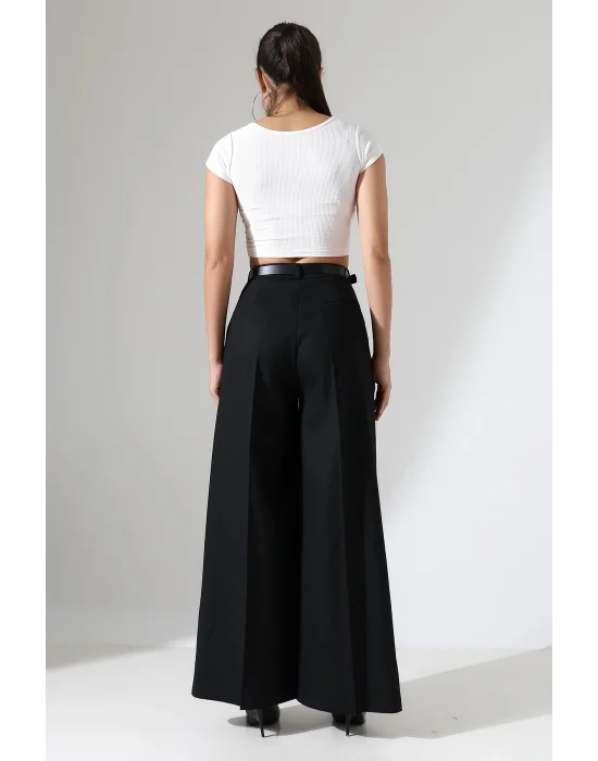 Kadın Pileli Kemerli Siyah Palazzo Pantolon