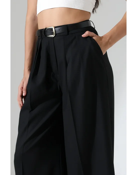 Kadın Pileli Kemerli Siyah Palazzo Pantolon