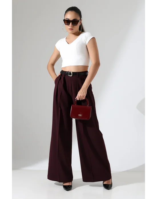 Kadın Pileli Kemerli Mürdüm Palazzo Pantolon