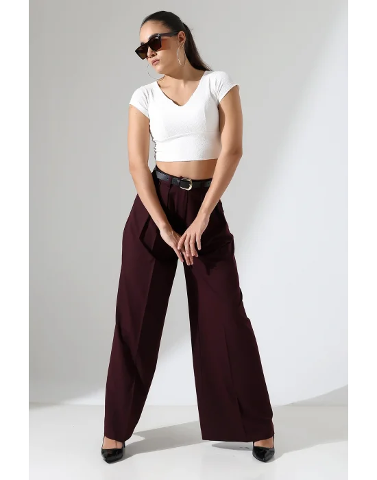 Kadın Pileli Kemerli Mürdüm Palazzo Pantolon