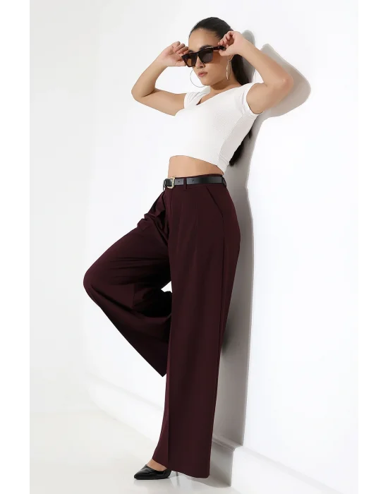 Kadın Pileli Kemerli Mürdüm Palazzo Pantolon
