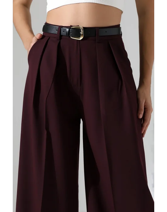 Kadın Pileli Kemerli Mürdüm Palazzo Pantolon