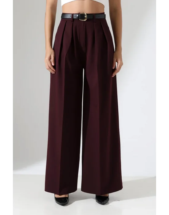 Kadın Pileli Kemerli Mürdüm Palazzo Pantolon