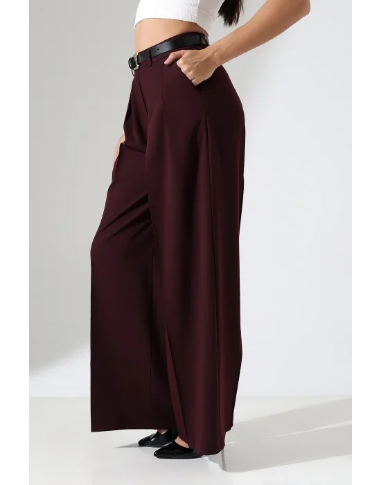 Kadın Pileli Kemerli Mürdüm Palazzo Pantolon