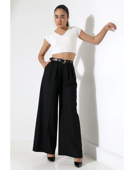 Kadın Pileli Kemerli Siyah Palazzo Pantolon