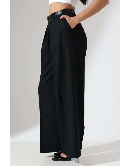 Kadın Pileli Kemerli Siyah Palazzo Pantolon