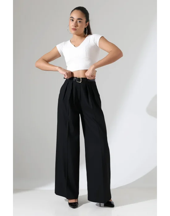 Kadın Pileli Kemerli Siyah Palazzo Pantolon