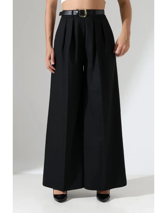 Kadın Pileli Kemerli Siyah Palazzo Pantolon