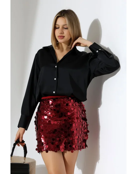 Kadın Pul Payet Şortlu Bordo Mini Etek