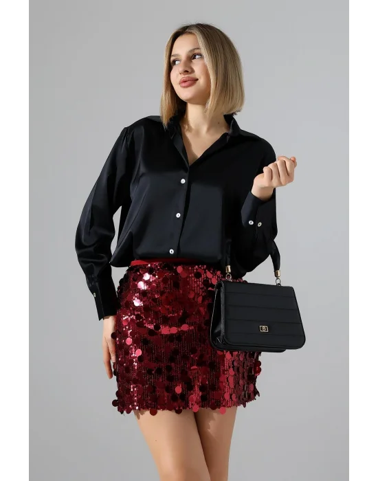 Kadın Pul Payet Şortlu Bordo Mini Etek