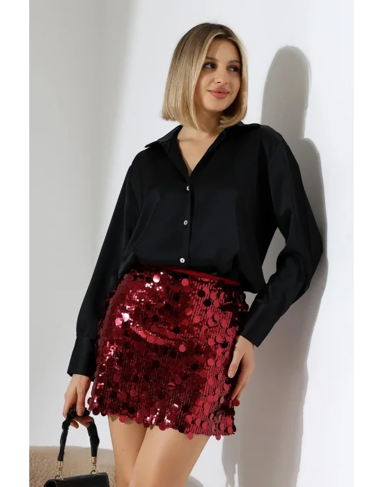Kadın Pul Payet Şortlu Bordo Mini Etek