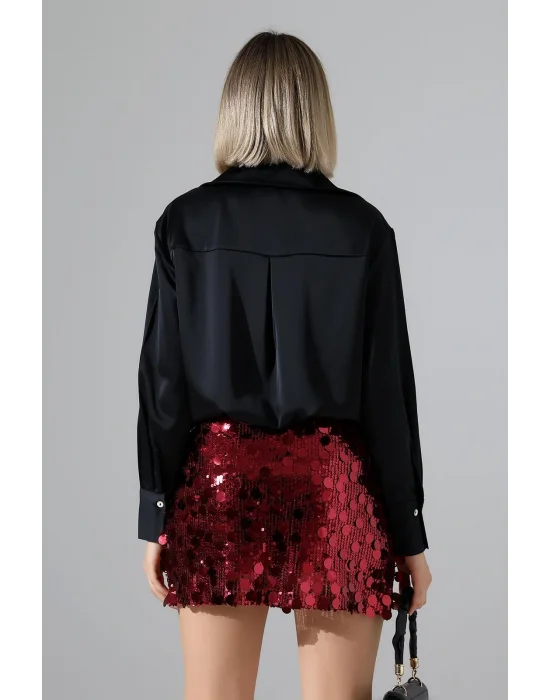 Kadın Pul Payet Şortlu Bordo Mini Etek