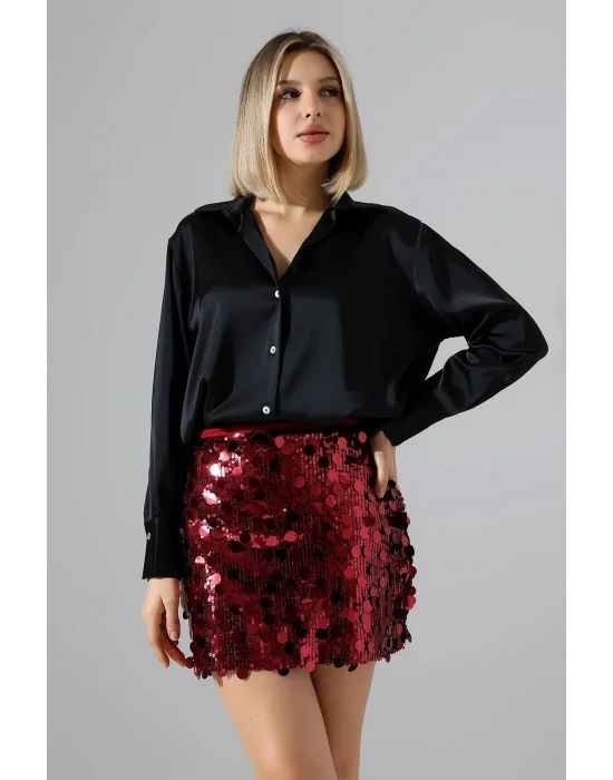 Kadın Pul Payet Şortlu Bordo Mini Etek