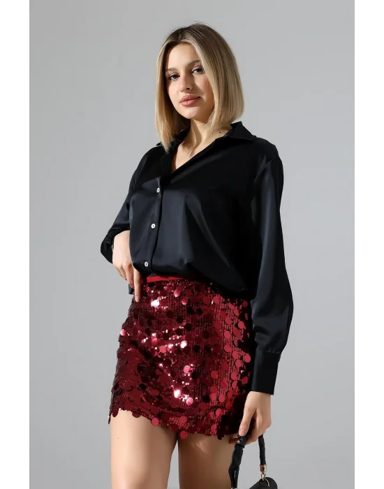 Kadın Pul Payet Şortlu Bordo Mini Etek