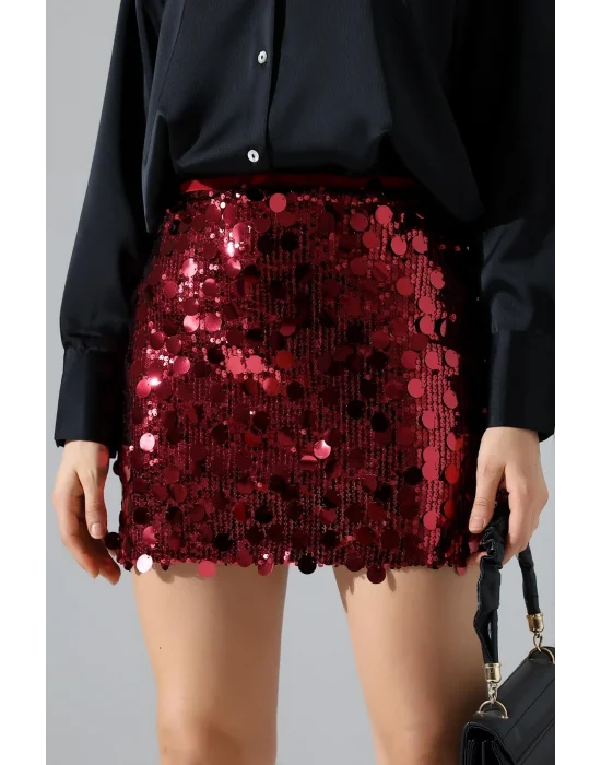 Kadın Pul Payet Şortlu Bordo Mini Etek