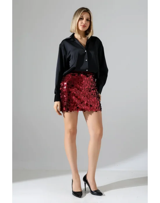 Kadın Pul Payet Şortlu Bordo Mini Etek