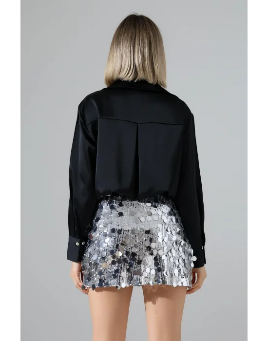 Kadın Pul Payet Şortlu Gümüş Mini Etek