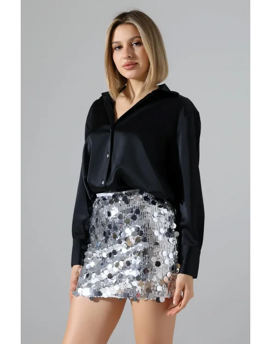 Kadın Pul Payet Şortlu Gümüş Mini Etek