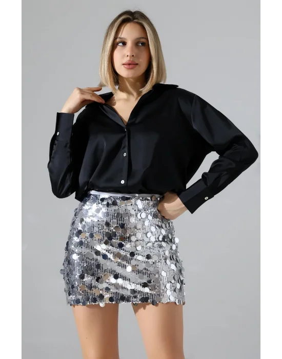 Kadın Pul Payet Şortlu Gümüş Mini Etek