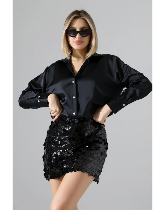 Kadın Pul Payet Şortlu Siyah Mini Etek