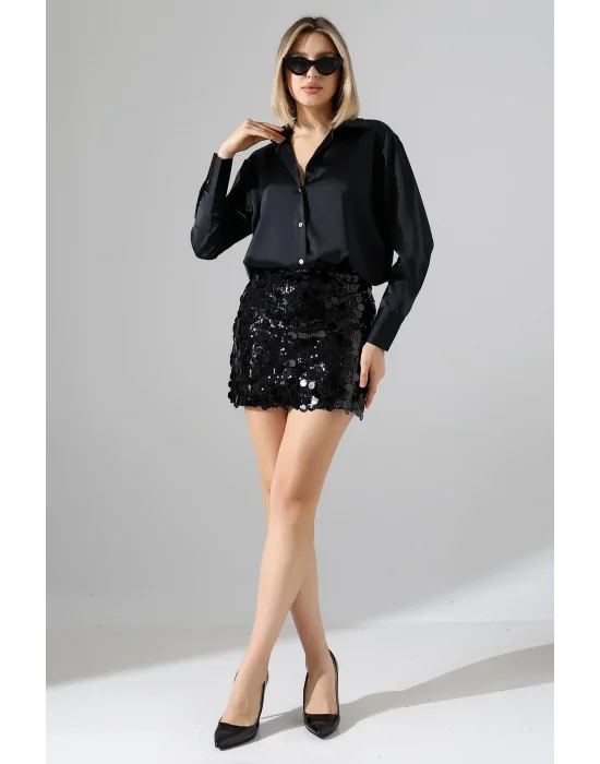 Kadın Pul Payet Şortlu Siyah Mini Etek