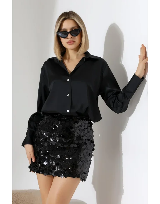 Kadın Pul Payet Şortlu Siyah Mini Etek