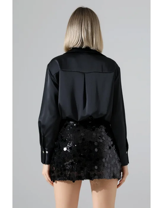 Kadın Pul Payet Şortlu Siyah Mini Etek
