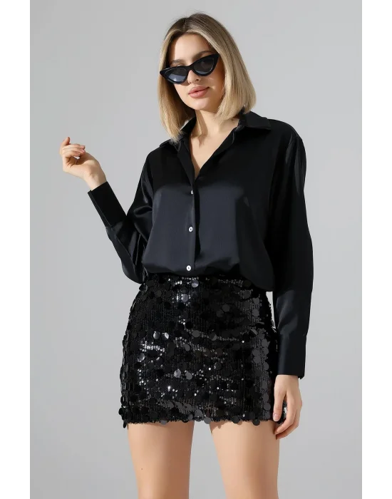 Kadın Pul Payet Şortlu Siyah Mini Etek