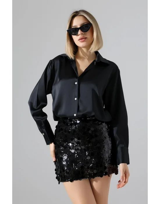 Kadın Pul Payet Şortlu Siyah Mini Etek