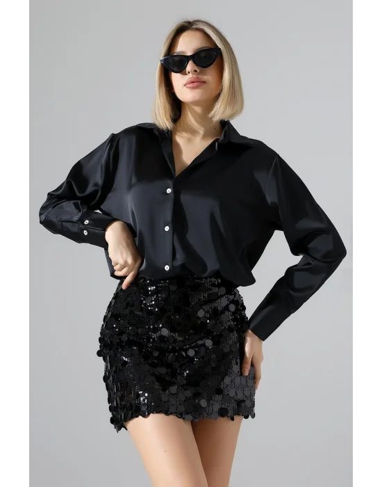 Kadın Pul Payet Şortlu Siyah Mini Etek
