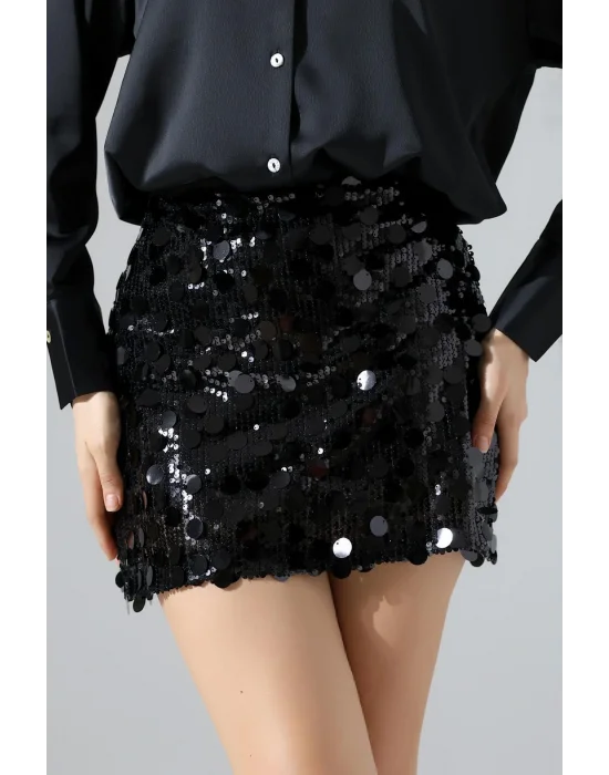 Kadın Pul Payet Şortlu Siyah Mini Etek