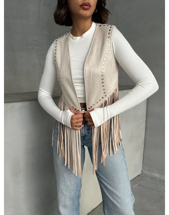 Kadın Püsküllü Bej Süet Yelek