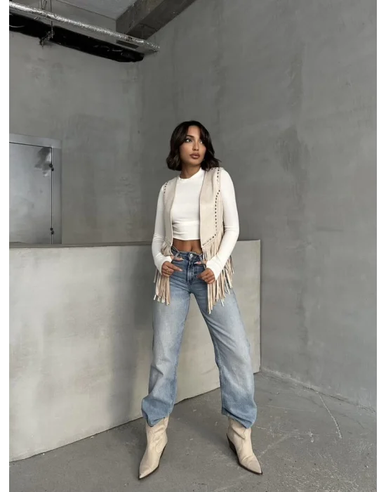 Kadın Püsküllü Bej Süet Yelek