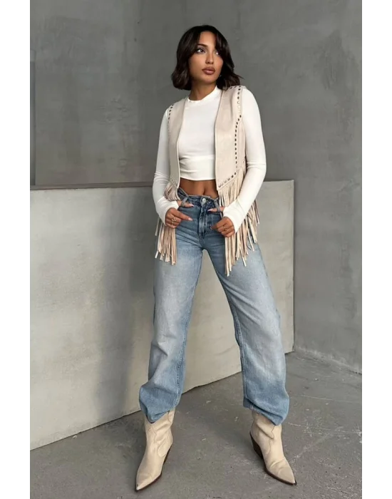 Kadın Püsküllü Bej Süet Yelek