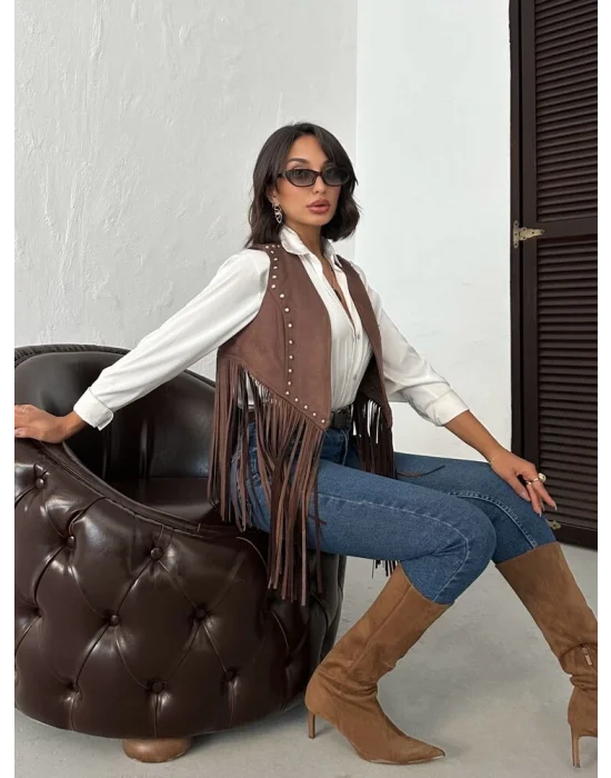 Kadın Püsküllü Kahverengi Süet Yelek