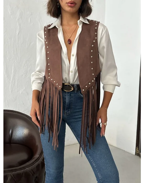 Kadın Püsküllü Kahverengi Süet Yelek