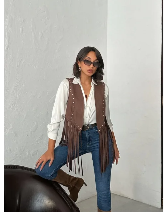 Kadın Püsküllü Kahverengi Süet Yelek