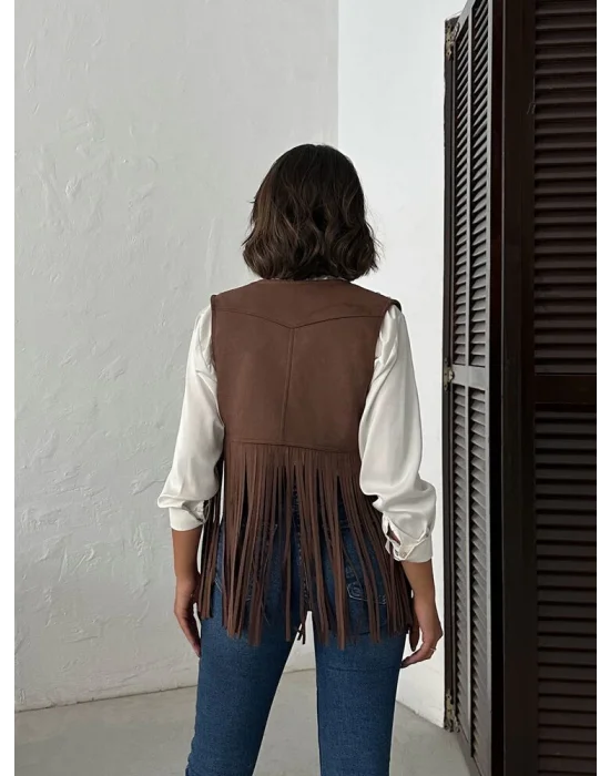 Kadın Püsküllü Kahverengi Süet Yelek